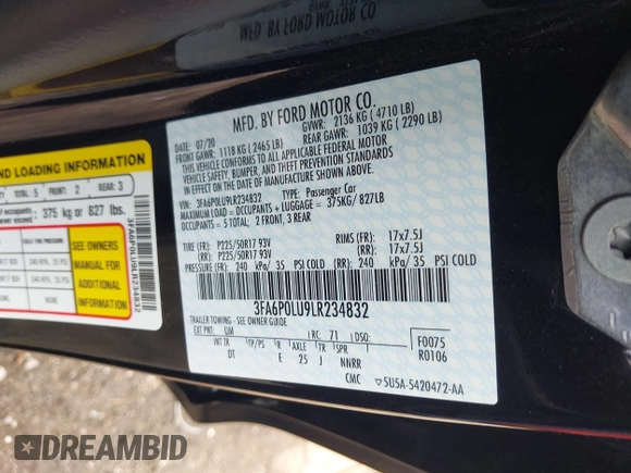 2020 Ford Fusion SE with VIN 3FA6P0LU9LR234832, listed as a IAAI auction lot 42092141 with 54,866 mi miles and . Bid and sale history available at carsss.com. Image 9.