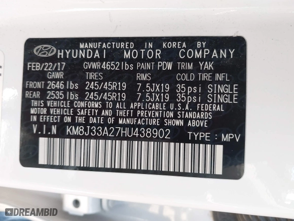 2017 Hyundai Tucson Value with VIN KM8J33A27HU438902, listed as a IAAI auction lot 41835502 with 84,885 mi miles. Bid and sale history available at carsss.com. Image 9.