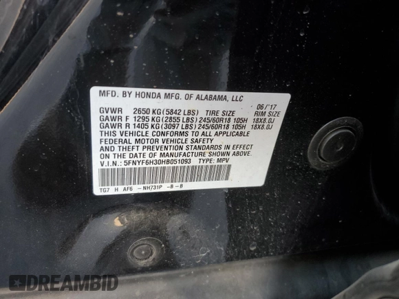 2017 Honda Pilot EX with VIN 5FNYF6H30HB051093, listed as a Copart auction lot 81283884 with 162,577 mi miles and Salvage Title. Bid and sale history available at DreamBid. Image 13.