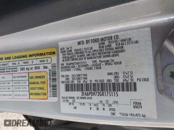 2016 Ford Fusion SE with VIN 3FA6P0H72GR175115, listed as a IAAI auction lot 41849479 with 142,388 mi miles and . Bid and sale history available at DreamBid. Image 9.