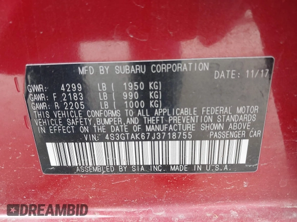 2018 Subaru Impreza Special Sports z VIN 4S3GTAK67J3718755, wystawiony jako IAAI lot #41870079 z przebiegiem Nie podano mil oraz . Historia ofert i sprzedaży dostępna na DreamBid. Obrazek 9.