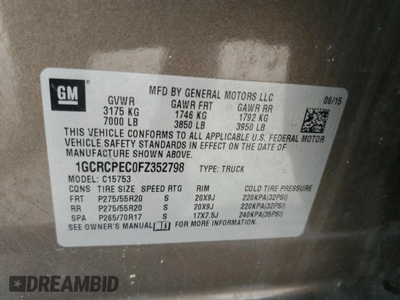2015 Chevrolet Silverado 1500 LS with VIN 1GCRCPEC0FZ352798, listed as a Copart auction lot 53135455 with 81,809 mi miles and Salvage Title. Bid and sale history available at DreamBid. Image 12.