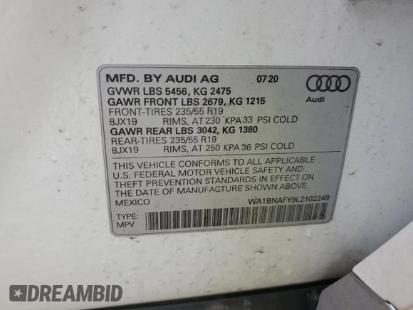 2020 Audi Q5 Premium Plus with VIN WA1BNAFY9L2102249, listed as a Copart auction lot 57608805 with 73,629 mi miles and Salvage title. Bid and sale history available at DreamBid. Image 14.