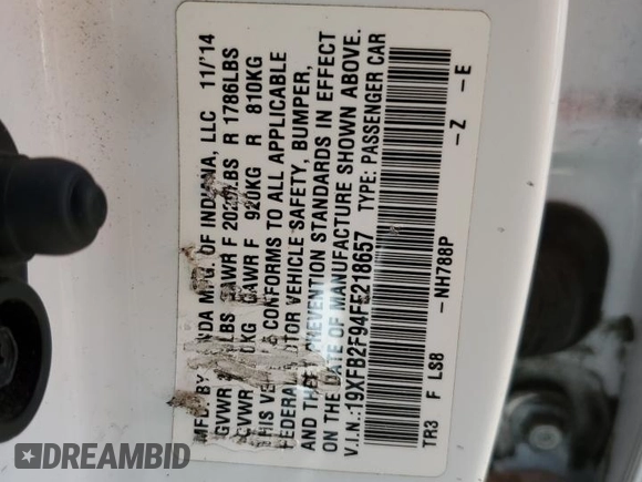 2015 Honda Civic Sedan EX-L with VIN 19XFB2F94FE218657, listed as a Copart auction lot 51828095 with 218,179 mi miles and Salvage Title. Bid and sale history available at carsss.com. Image 12.