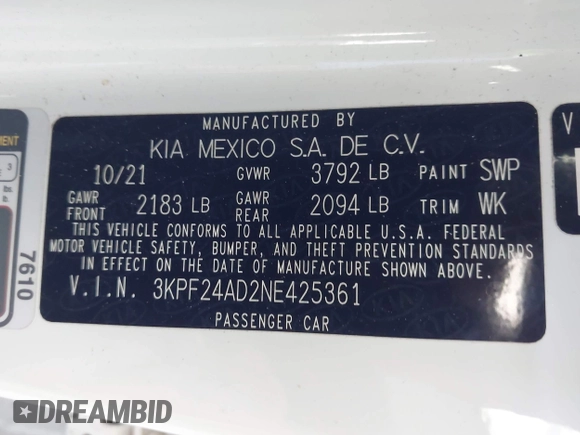 2022 Kia Forte LXS z VIN 3KPF24AD2NE425361, wystawiony jako IAAI lot #42004084 z przebiegiem 61 465 mil mil oraz . Historia ofert i sprzedaży dostępna na DreamBid. Obrazek 9.