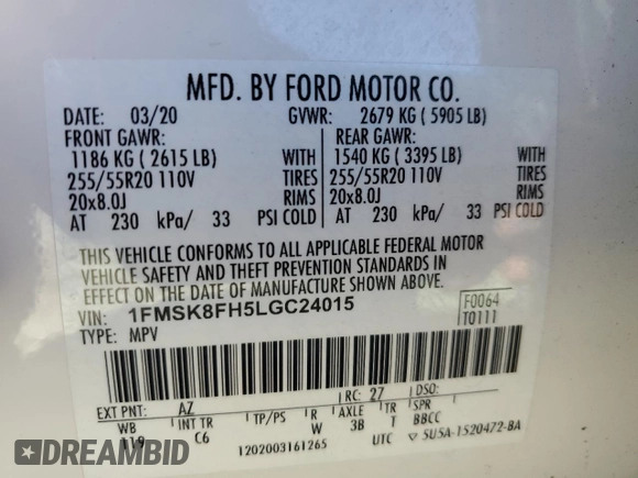 2020 Ford Explorer Limited with VIN 1FMSK8FH5LGC24015, listed as a Copart auction lot 49627615 with 40,729 mi miles and Salvage Title. Bid and sale history available at carsss.com. Image 13.