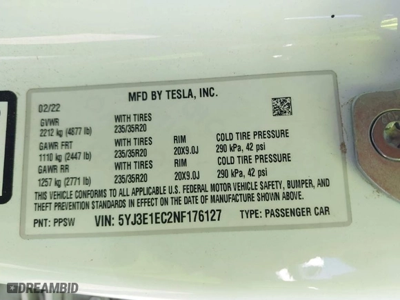 2022 Tesla Model 3 Performance with VIN 5YJ3E1EC2NF176127, listed as a IAAI auction lot 41807613 with 79,435 mi miles. Bid and sale history available at carsss.com. Image 9.