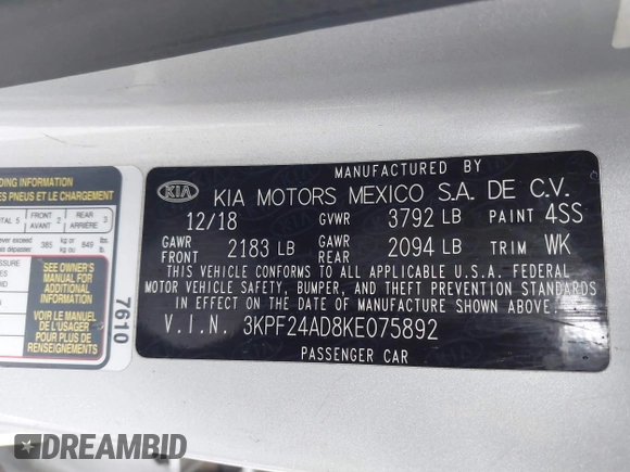 2019 Kia Forte LXS with VIN 3KPF24AD8KE075892, listed as a IAAI auction lot 41479410 with 106,609 mi miles. Bid and sale history available at carsss.com. Image 9.