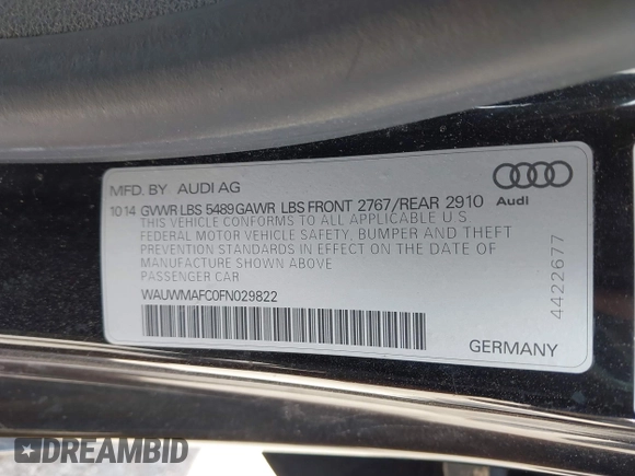 2015 Audi A7 3.0 TDI Premium Plus with VIN WAUWMAFC0FN029822, listed as a IAAI auction lot 41828754 with 148,847 mi miles. Bid and sale history available at carsss.com. Image 9.