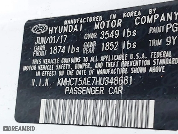 2017 Hyundai Accent SE with VIN KMHCT5AE7HU348681, listed as a IAAI auction lot 41944939 with 136,516 mi miles. Bid and sale history available at carsss.com. Image 9.