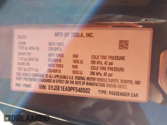 2023 Tesla Model 3 with VIN 5YJ3E1EA9PF548502, listed as a IAAI auction lot 41160649 with 28,759 mi miles and . Bid and sale history available at carsss.com. Image 9.