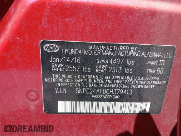 2016 Hyundai Sonata SE with VIN 5NPE24AF0GH379413, listed as a IAAI auction lot 42051299 with 101,781 mi miles and . Bid and sale history available at carsss.com. Image 9.