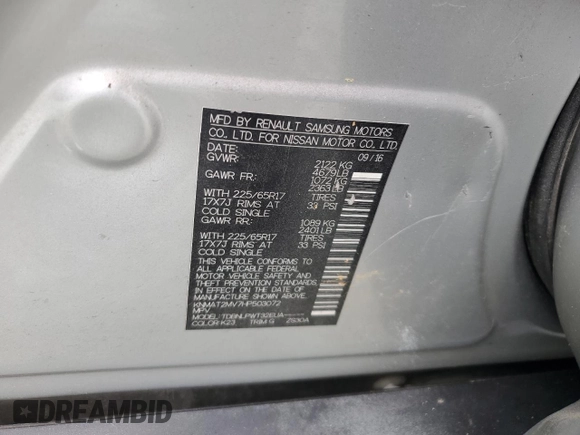 2017 Nissan Rogue S with VIN KNMAT2MV7HP503072, listed as a Copart auction lot 60263205 with 75,185 mi miles and Salvage title. Bid and sale history available at DreamBid. Image 14.