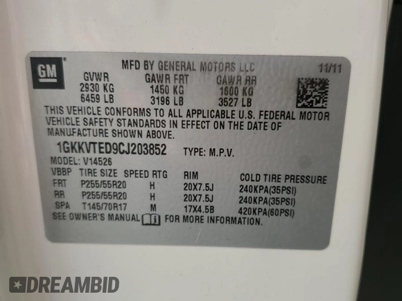 2012 GMC Acadia Denali with VIN 1GKKVTED9CJ203852, listed as a Copart auction lot 59018005 with 110,398 mi miles and Salvage title. Bid and sale history available at DreamBid. Image 13.