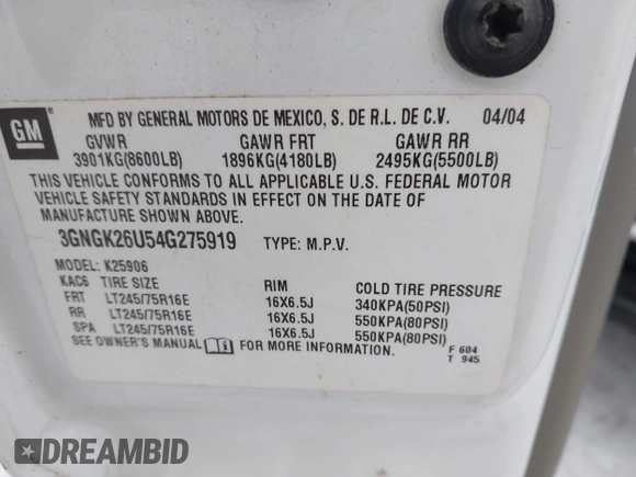 2004 Chevrolet Suburban LS with VIN 3GNGK26U54G275919, listed as a IAAI auction lot 41399645 with 149,841 mi miles and . Bid and sale history available at DreamBid. Image 9.