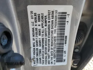 2020 Honda Civic Sedan EX-L with VIN 19XFC1F72LE214978, listed as a Copart auction lot 61613004 with 25,787 mi miles and Salvage Title. Bid and sale history available at carsss.com. Image 13.