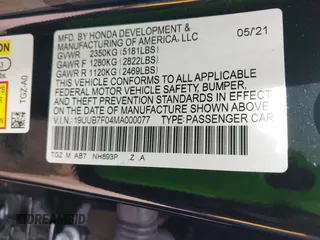 2021 Acura TLX Type S with VIN 19UUB7F04MA000077, listed as a IAAI auction lot 41615568 with 38,707 mi miles. Bid and sale history available at carsss.com. Image 9.