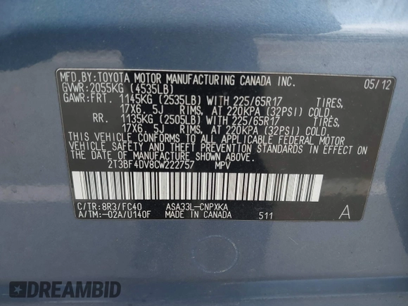 2012 Toyota RAV4 with VIN 2T3BF4DV8CW222757, listed as a IAAI auction lot 41911969 with 115,169 mi miles. Bid and sale history available at carsss.com. Image 9.