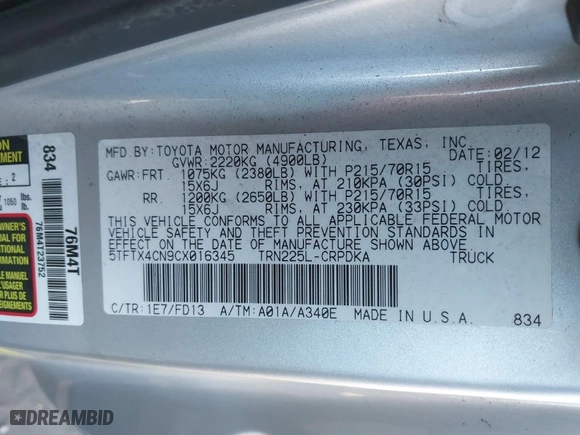 2012 Toyota Tacoma with VIN 5TFTX4CN9CX016345, listed as a IAAI auction lot 41447154 with 136,837 mi miles. Bid and sale history available at carsss.com. Image 9.