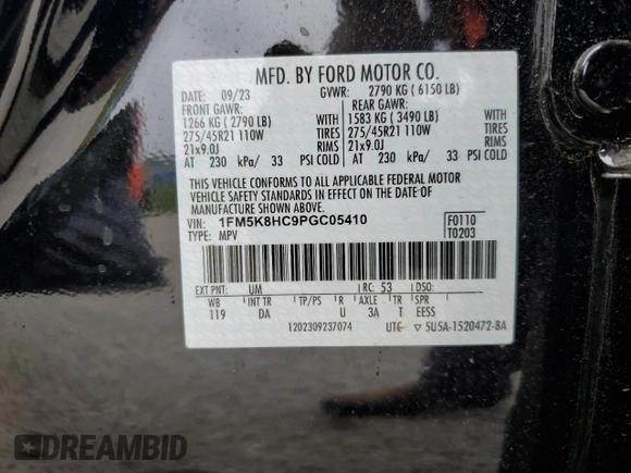 2023 Ford Explorer Platinum with VIN 1FM5K8HC9PGC05410, listed as a Copart auction lot 55442395 with Not provided miles and Salvage title. Bid and sale history available at DreamBid. Image 13.