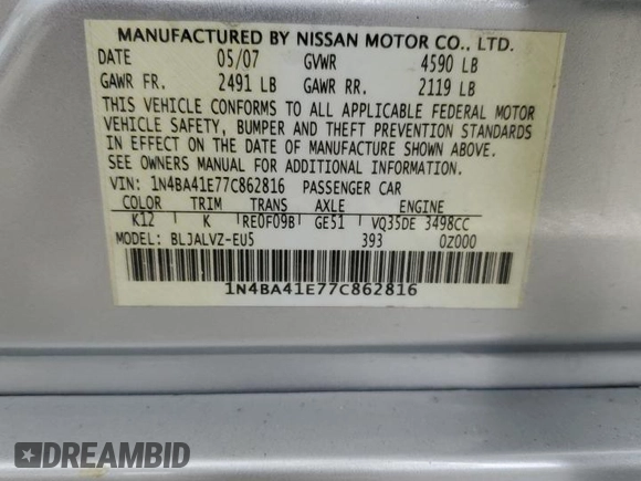 2007 Nissan Maxima 3.5 SL with VIN 1N4BA41E77C862816, listed as a Copart auction lot 88982715 with 151,739 mi miles and Salvage Title. Bid and sale history available at carsss.com. Image 14.