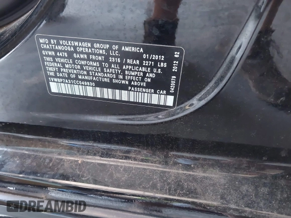 2012 Volkswagen Passat SE with VIN 1VWBP7A31CC049830, listed as a IAAI auction lot 42578197 with 239,426 mi miles and . Bid and sale history available at DreamBid. Image 9.