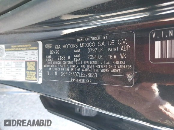 2020 Kia Forte LXS z VIN 3KPF24AD7LE228683, wystawiony jako IAAI lot #41620117 z przebiegiem 105 251 mil mil oraz . Historia ofert i sprzedaży dostępna na DreamBid. Obrazek 9.