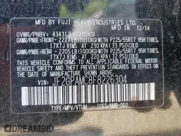 2015 Subaru Crosstrek Limited with VIN JF2GPAMC8F8226304, listed as a Copart auction lot 62300535 with 51,969 mi miles and Clean title. Bid and sale history available at DreamBid. Image 12.