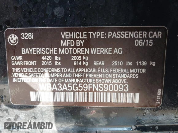 2015 BMW 3 Series 328i with VIN WBA3A5G59FNS90093, listed as a IAAI auction lot 38169109 with Not Provided miles and . Bid and sale history available at carsss.com. Image 9.