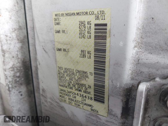 2012 Nissan Altima 2.5 with VIN 1N4AL2AP5CN436438, listed as a IAAI auction lot 42061291 with 165,938 mi miles and . Bid and sale history available at DreamBid. Image 9.
