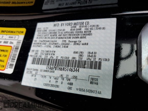 2022 Ford Mustang EcoBoost with VIN 1FA6P8TH6N5146344, listed as a Copart auction lot 65912945 with 19,722 mi miles and Salvage title. Bid and sale history available at DreamBid. Image 12.