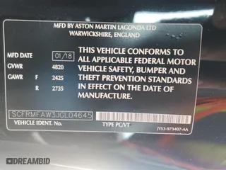 2018 Aston Martin DB11 V8 with VIN SCFRMFAW3JGL04645, listed as a Copart auction lot 83042994 with 0 mi miles and Non Repairable. Bid and sale history available at carsss.com. Image 13.