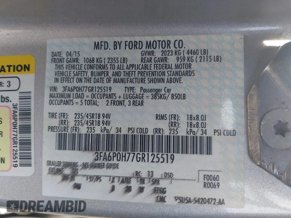 2016 Ford Fusion SE with VIN 3FA6P0H77GR125519, listed as a IAAI auction lot 42151384 with 248,933 mi miles and . Bid and sale history available at carsss.com. Image 9.