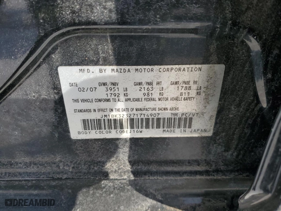2007 Mazda Mazda3 s Touring with VIN JM1BK323271714907, listed as a Copart auction lot 45210465 with 304,518 mi miles and Salvage Title. Bid and sale history available at carsss.com. Image 13.