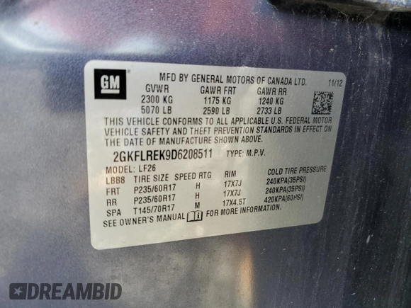 2013 GMC Terrain SLE with VIN 2GKFLREK9D6208511, listed as a Copart auction lot 62009425 with 105,603 mi miles and Clean title. Bid and sale history available at DreamBid. Image 13.