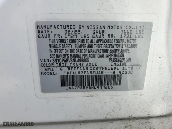 2022 Nissan Kicks S with VIN 3N1CP5BV8NL499805, listed as a Copart auction lot 45770185 with 54,761 mi miles and Salvage Title. Bid and sale history available at carsss.com. Image 13.