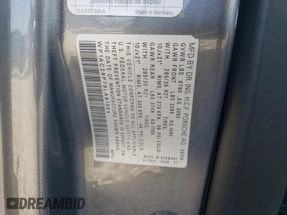 2009 Porsche Cayenne Turbo with VIN WP1AC29P79LA81564, listed as a Copart auction lot 43852815 with 71,760 mi miles and Salvage Title. Bid and sale history available at carsss.com. Image 13.