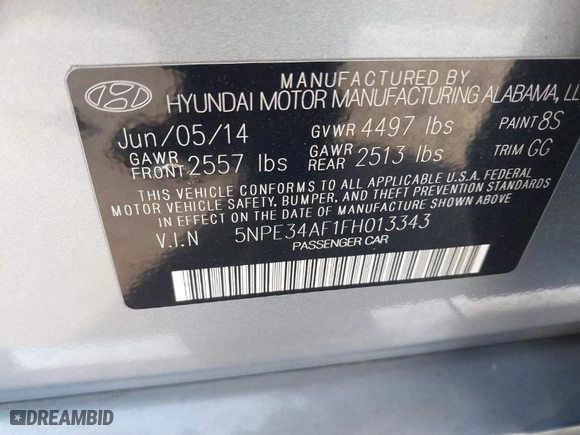 2015 Hyundai Sonata 2.4L Sport with VIN 5NPE34AF1FH013343, listed as a IAAI auction lot 41773570 with 110,950 mi miles. Bid and sale history available at carsss.com. Image 9.