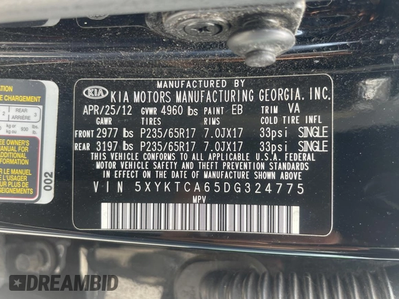 2013 Kia Sorento LX with VIN 5XYKTCA65DG324775, listed as a Copart auction lot 63433705 with 128,031 mi miles and Clean title. Bid and sale history available at DreamBid. Image 10.