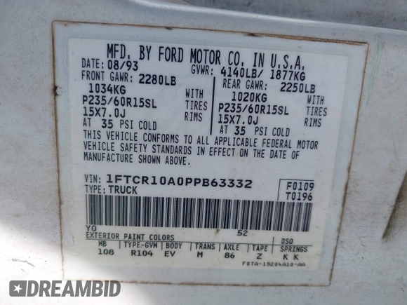 1993 Ford Ranger Splash with VIN 1FTCR10A0PPB63332, listed as a IAAI auction lot 42161681 with 50,886 mi miles. Bid and sale history available at carsss.com. Image 9.