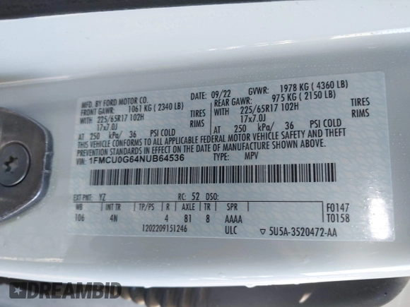 2022 Ford Escape SE z VIN 1FMCU0G64NUB64536, wystawiony jako IAAI lot #41834238 z przebiegiem 31 686 mil mil oraz . Historia ofert i sprzedaży dostępna na DreamBid. Obrazek 9.