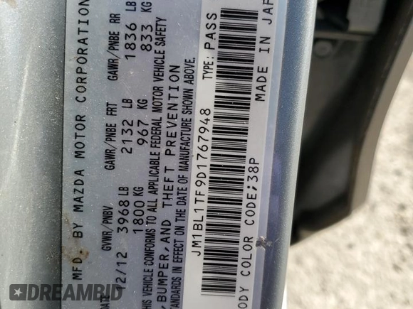 2013 Mazda 3 i SV with VIN JM1BL1TF9D1767948, listed as a Copart auction lot 53567625 with 200,529 mi miles and Clean Title. Bid and sale history available at DreamBid. Image 12.