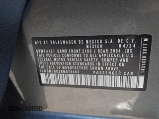 2024 Volkswagen Jetta S with VIN 3VW5M7BU2RM074403, listed as a IAAI auction lot 42215635 with 2,483 mi miles and . Bid and sale history available at DreamBid. Image 9.
