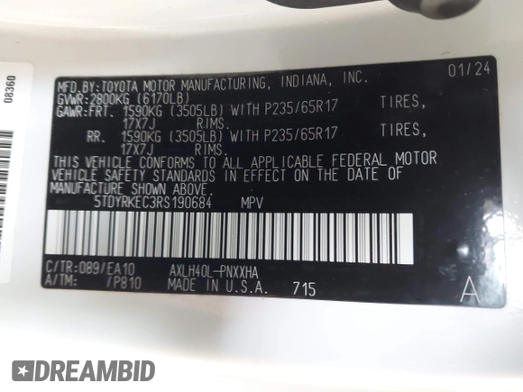 2024 Toyota Sienna XLE z VIN 5TDYRKEC3RS190684, wystawiony jako IAAI lot #41853725 z przebiegiem 58 343 mil mil oraz . Historia ofert i sprzedaży dostępna na DreamBid. Obrazek 9.