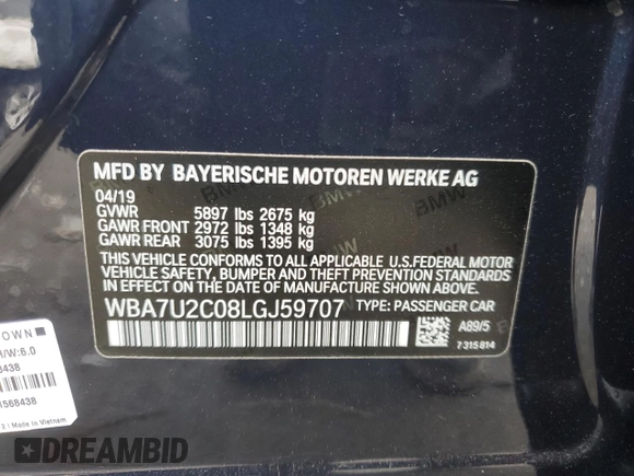 2020 BMW 7 Series 750i xDrive with VIN WBA7U2C08LGJ59707, listed as a Copart auction lot 49145595 with 30,020 mi miles and Salvage title. Bid and sale history available at DreamBid. Image 12.