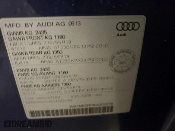 2014 Audi Q5 with VIN WA1MFCFP3EA003279, listed as a Copart auction lot 70851282 with 158,178 mi miles and Salvage title. Bid and sale history available at DreamBid. Image 12.