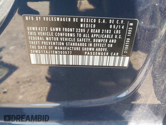 2014 Volkswagen Jetta SE z VIN 3VWD17AJ1EM303577, wystawiony jako IAAI lot #42436160 z przebiegiem 113 086 mil mil oraz . Historia ofert i sprzedaży dostępna na DreamBid. Obrazek 9.