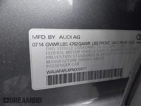 2015 Audi A4 Premium with VIN WAUAFAFLXFN009971, listed as a IAAI auction lot 42004348 with 109,362 mi miles. Bid and sale history available at carsss.com. Image 9.