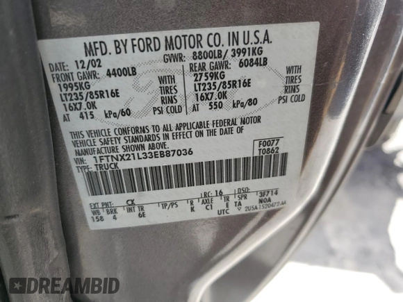 2003 Ford F-250 XL with VIN 1FTNX21L33EB87036, listed as a Copart auction lot 51774135 with 240,245 mi miles and Salvage title. Bid and sale history available at DreamBid. Image 12.