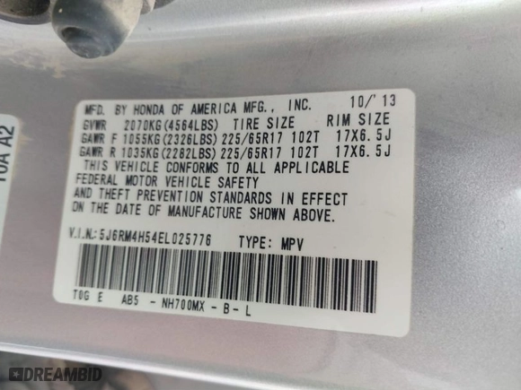 2014 Honda CR-V EX with VIN 5J6RM4H54EL025776, listed as a IAAI auction lot 41865190 with 129,260 mi miles. Bid and sale history available at carsss.com. Image 9.
